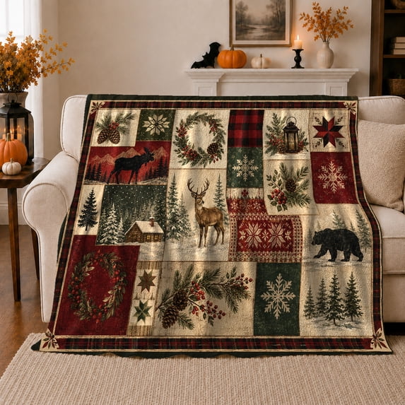 Rustic Winter Patchwork Scene, Cozy Lodge Wildlife Illustration Style for Cabin Lovers, Moose Bear Cabin Theme and Housewarming Gift, Warm Flannel Blanket for Living Room Cabin, Home Decor