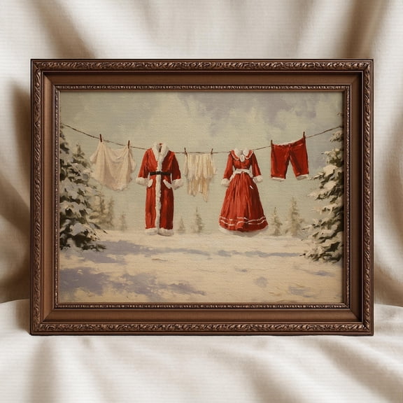 Rustic Winter Scene Canvas Prints Rustic Santa Clothesline Christmas Wall Art Pictures for Living Room Bedroom Home Decor No Frame