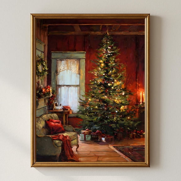 Rustic Winter Wall Art, Cozy Cabin With Decorated Winter Tree And Candles, Farmhouse Winter Decor Home Decor #837, Unframed Poster Size 8x12