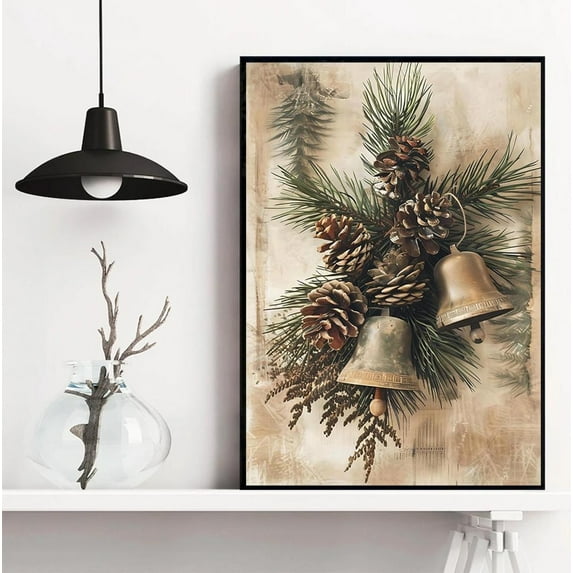 Rustic Winter Wall Art, Farmhouse Art Prints Of Bells & Pinecones, Country Picture Winter Idea Home Decor #1359, Unframed Poster Size 8x12