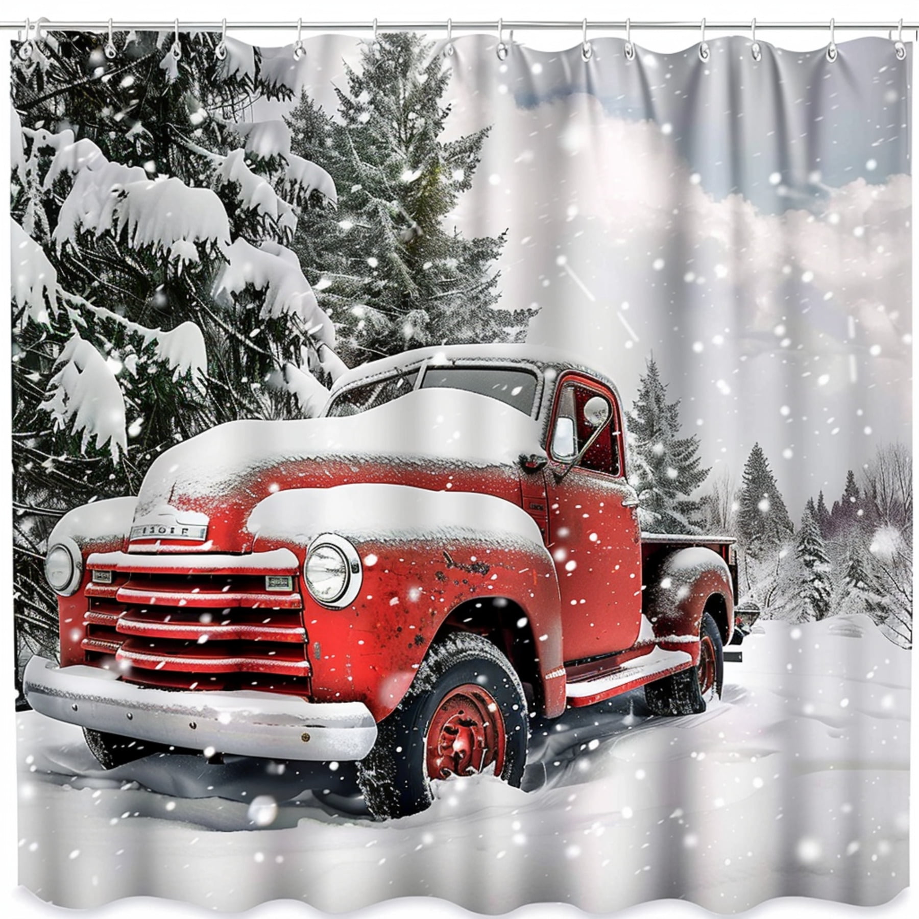 Rustic Winter Wonderland Red Truck Shower Curtain Vintage Snowy Pine