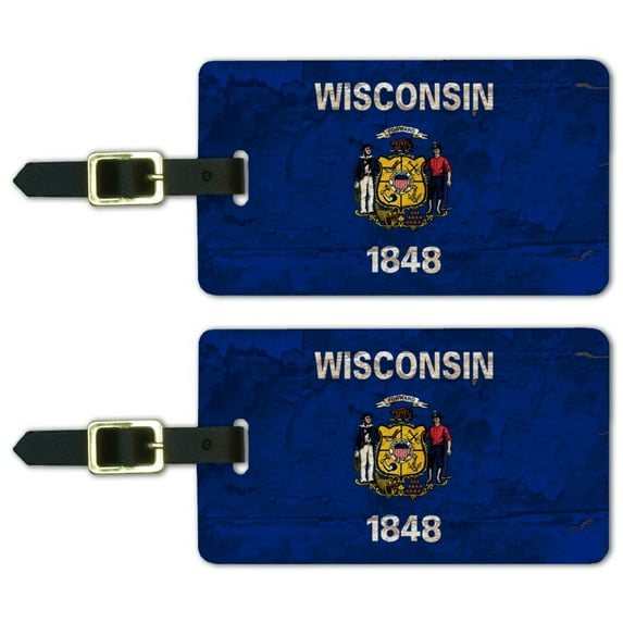 Rustic Wisconsin State Flag Distressed USA Luggage ID Tags Suitcase Carry-On Cards - Set of 2