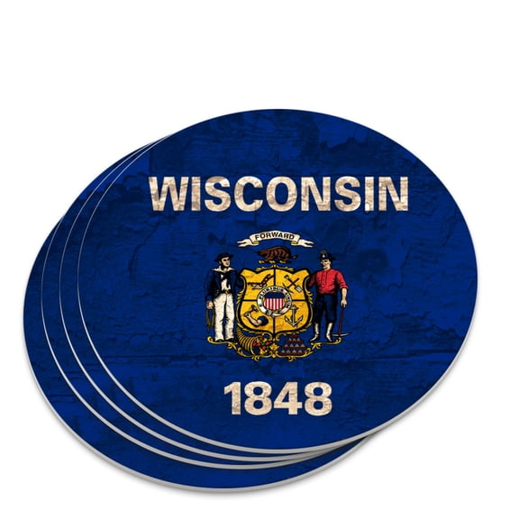 Rustic Wisconsin State Flag Distressed USA Novelty Coaster Set