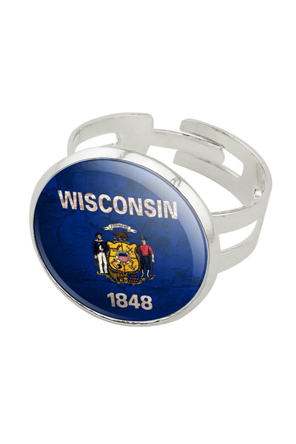 Rustic Wisconsin State Flag Distressed USA Silver Plated Adjustable Novelty Ring
