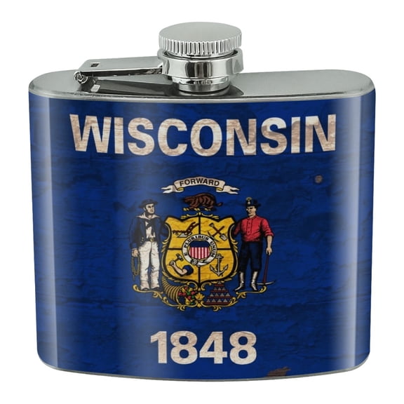 Rustic Wisconsin State Flag Distressed USA Stainless Steel 5oz Hip Drink Kidney Flask