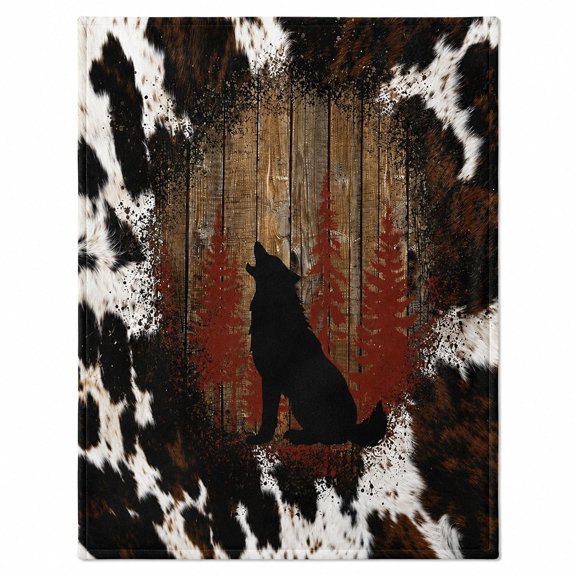 Rustic Wolf Fleece Blanket, Forest Silhouette Western Lodge Throw, Polyester Fleece