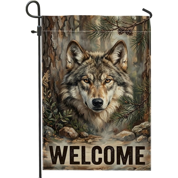 Rustic Wolf Garden Flag, Double Sided Burlap Yard Flag for Outdoor Porch Lawn Patio, 12 x 18 Inch, Brown