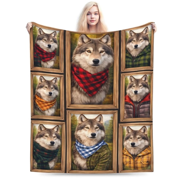 Rustic Wolf Portrait Blanket Woodland Wolf Throw Blanket Soft Cozy Flannel Wildlife Animal Blanket Fall Cabin Lodge Home Decor Gift 50x40