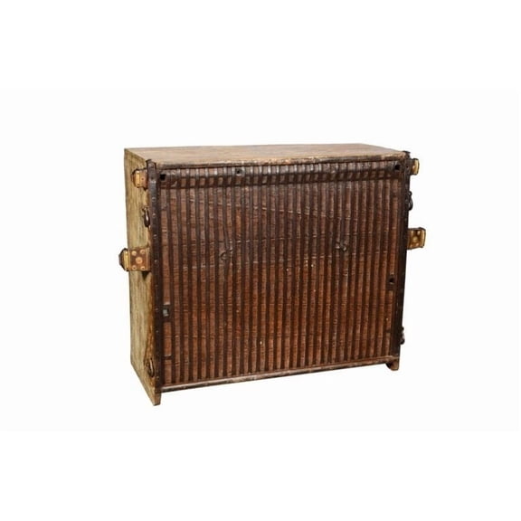 Rustic Wood And Metal Straps Serving Bar | Liquor Wine Cabinet With 24 Bottle Holder| Solid Wood Bar Cabinet | Country Style Mancave Bar