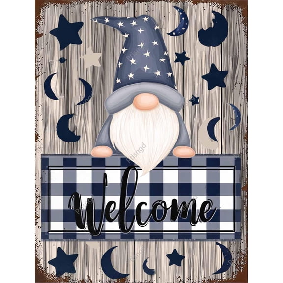 Rustic Wood And Metal Welcome Sign Gnome Moon Stars Buffalo Check 8x12 Inch Wall Decor