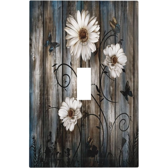 Rustic Wood Background Floral Butterfly Daisy Decorative Light Switch Cover 1 Gang Single Toggle Device Electrical Faceplate Switchplates Decorator Outlet Wall Plate for Farmhouse Bedroom Decor