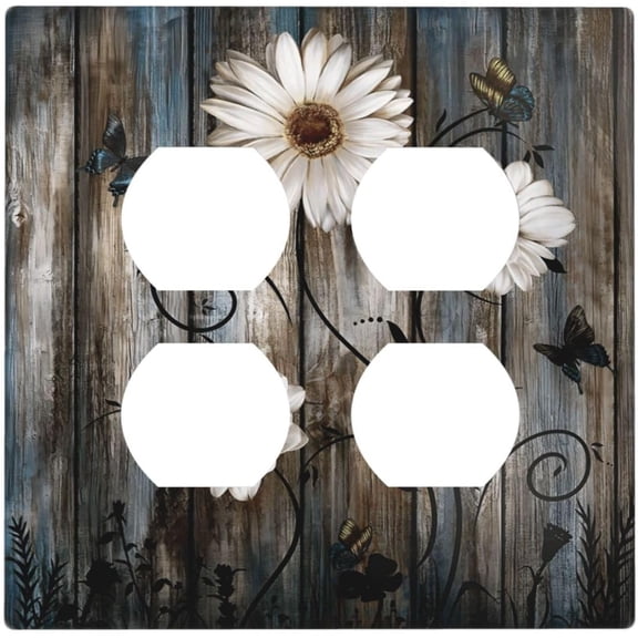 Rustic Wood Background Floral Butterfly Daisy Outlet Covers 2 Gang Double Duplex Decorative Light Switch Covers Electrical Wallplates Socket Faceplate for Farmhouse Bedroom Decor