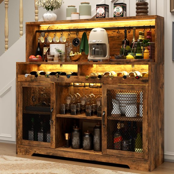 Rustic Wood Bar Cabinet with LED Lighting, Wine Racks, Mesh Doors & Glass