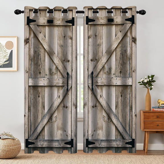 Rustic Wood Barn Door Blackout Curtains, Farmhouse Rural Wood Plank Wooden Door Home Bedroom Living Room Decor Grommet Window Drapes 2 Panel Set, 52"x84"