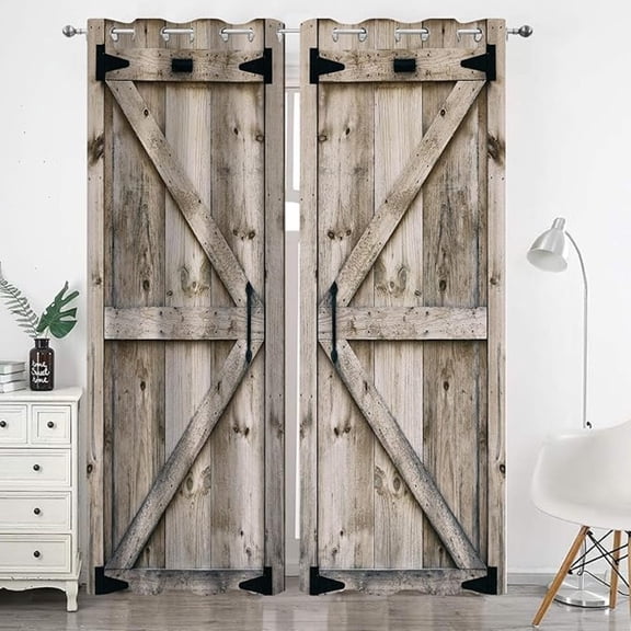 Rustic Wood Barn Door Blackout Curtains, Farmhouse Rural Wood Plank Wooden Door Home Bedroom Living Room Decor Grommet Window Drapes 42"W x 63"L (Pack of 2)