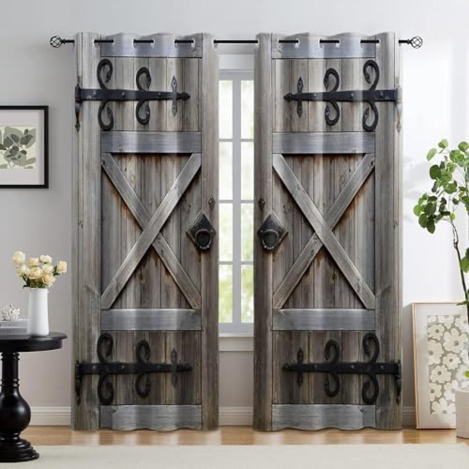 Rustic Wood Barn Door Blackout Curtains, Gray Farmhouse Wooden Door