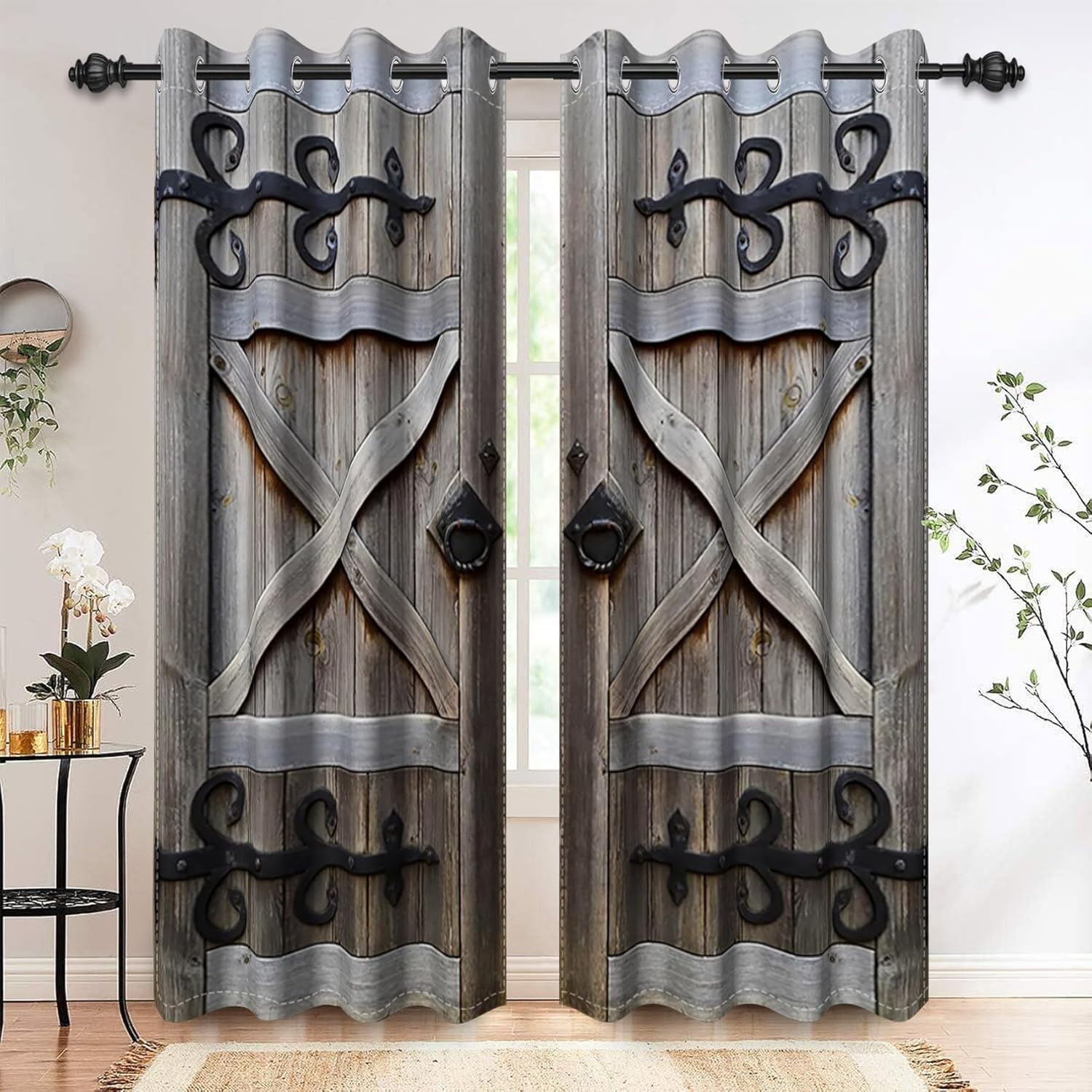 Barn Wooden Doors Blackout Curtains | Farmhouse Vintage Antler Design Thermal Insulated Drapes, 72x63 Inch, 2 Panels