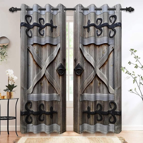 Rustic Wood Barn Door Blackout Curtains, Gray Farmhouse Wooden Door Print Curtains for Living Room, Western Retro Grommet Bedroom Window Curtains 42"W x 96"L (Pack of 2)