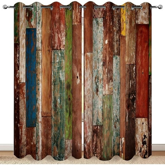 Rustic Wood Barn Door Blackout Curtains Village Wooden Home Decor Vintage Farmhouse Country Colorful Plank Decorate For Bedroom Living Room Grommet Window Drapes 53"W x 63"L (Pack of 2)