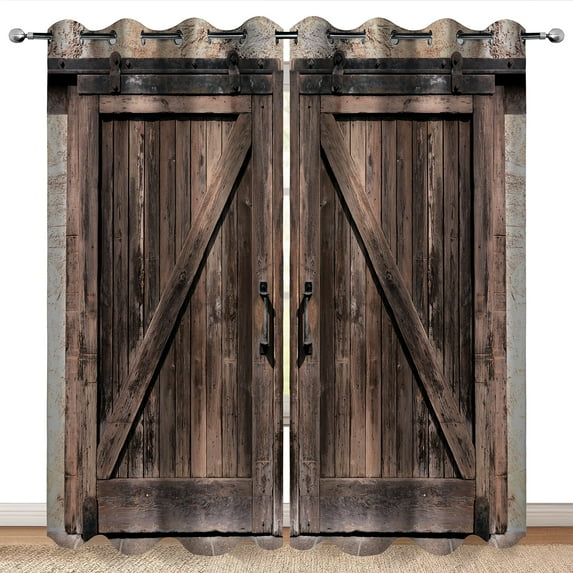 Rustic Wood Barn Door Blackout Curtains Vintage Brown Home Bedroom Living Room Decor, 84x63 Inch