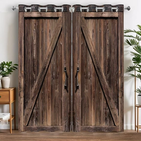 Rustic Wood Barn Door Blackout Window Curtains, Farmhouse Country Vintage Wooden Brown Decor Curtain For Home Bedroom, Living Room Grommet Window Drapes 26"W x 45"L (Pack of 2)