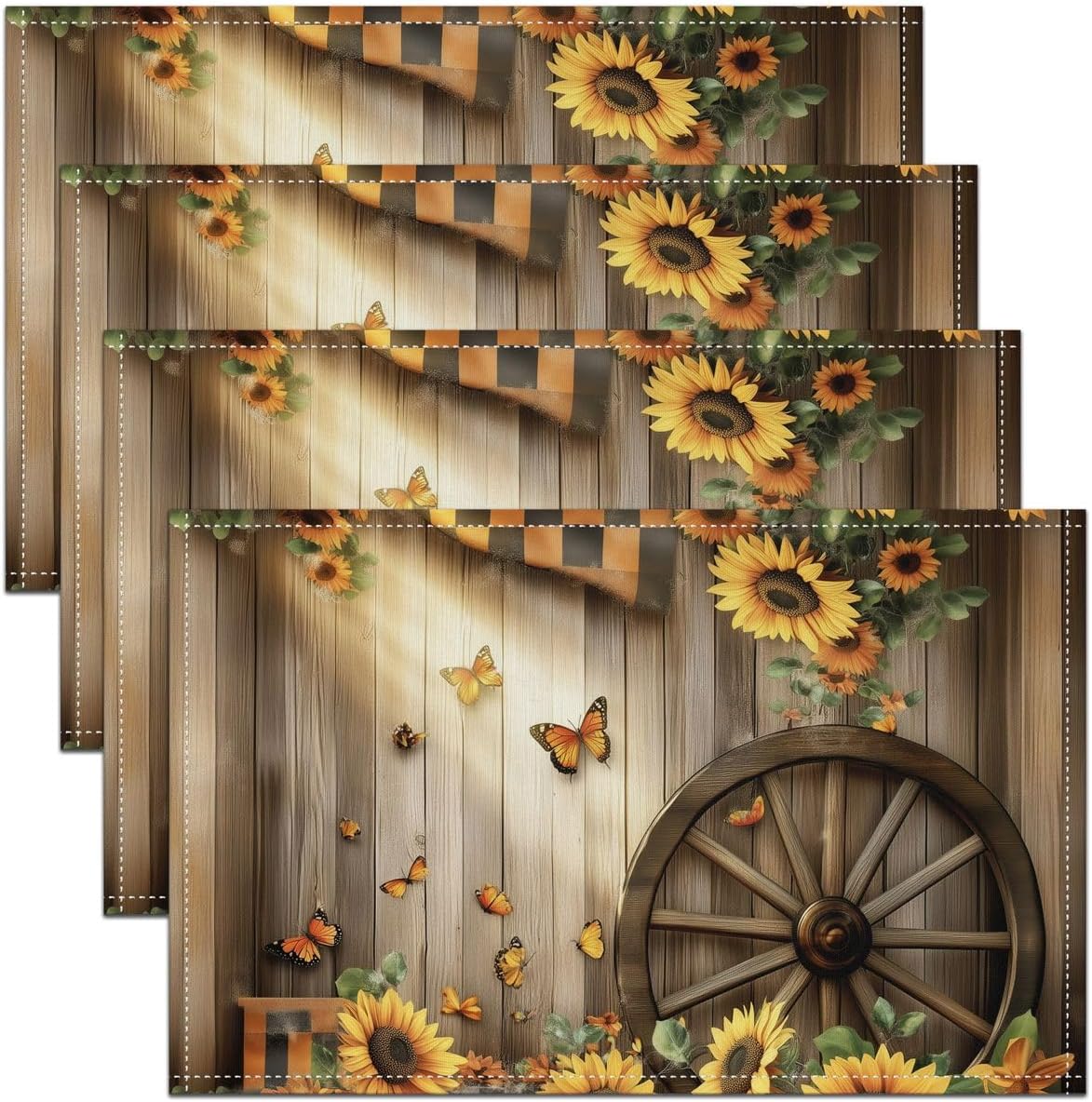 Rustic Wood Barn Door Placemats Set of 4 12"x18" Sunflower Farm Country ...