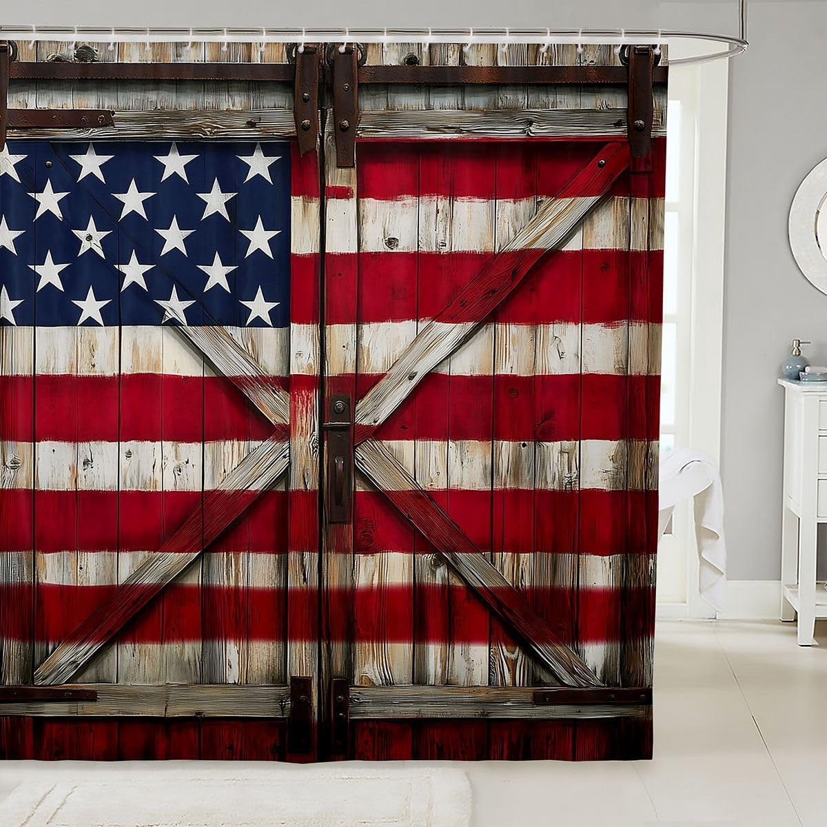 Rustic Wood Barn Door Shower Curtain 84" L x 72" W American Flag Rural ...