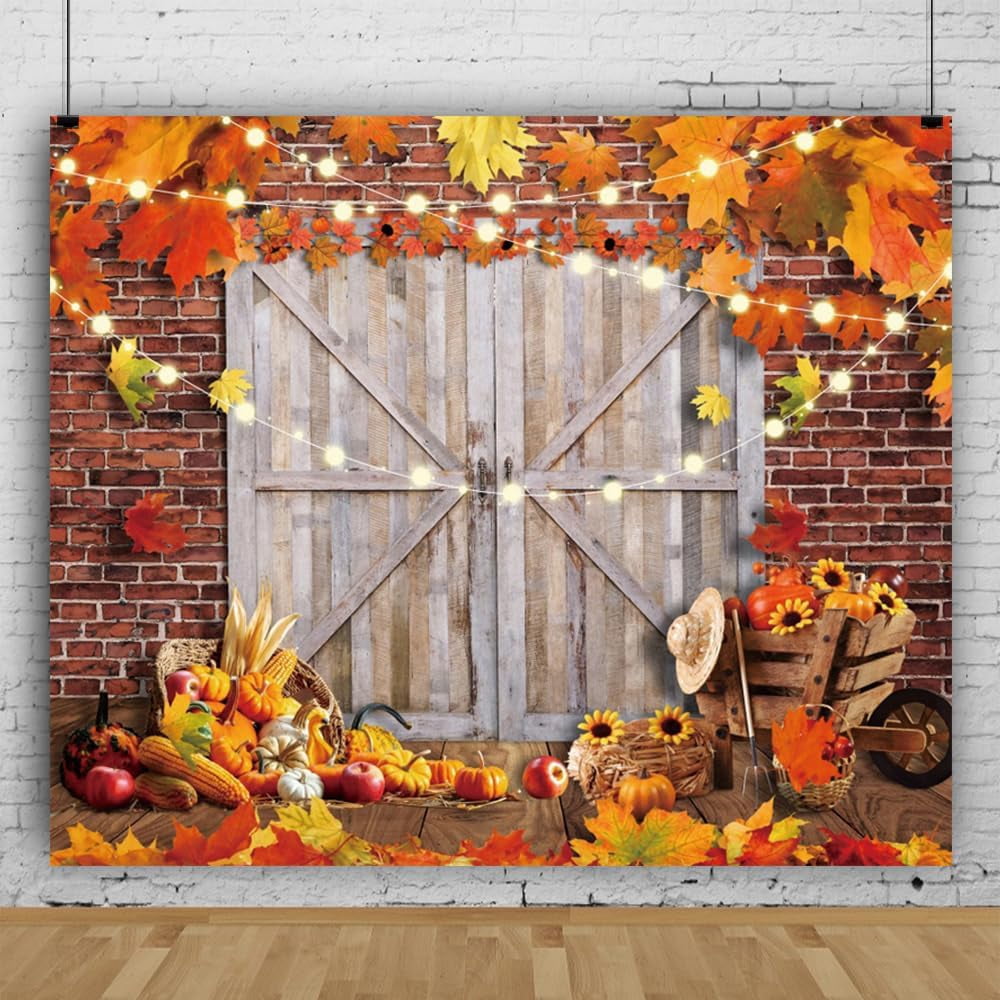 Rustic Wood Barn Fall Backdrop Brick Maple Pumpkin Thanksgiving ...