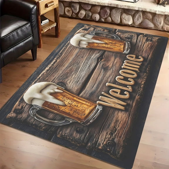 Rustic Wood Beer Mug Welcome 2D Printed Floor Mat, Porch Living Room Beer Lover Holiday Party Entryway Rug, Thanksgiving Christmas Gift