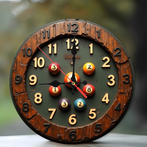 Rustic Wood Billiard Ball Clock Wall Decor 10-Inch Silent Wooden Wall Clock, Battery Operated (AA Batteries Not Included), Artistic Home Decor