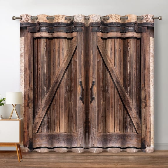 Rustic Wood Blackout Curtains Vintage Wooden Barn Door Farmhouse Home Bedroom Living Room Decor Brown Grommet Window Drapes 2 Panel Set, 42"x63"