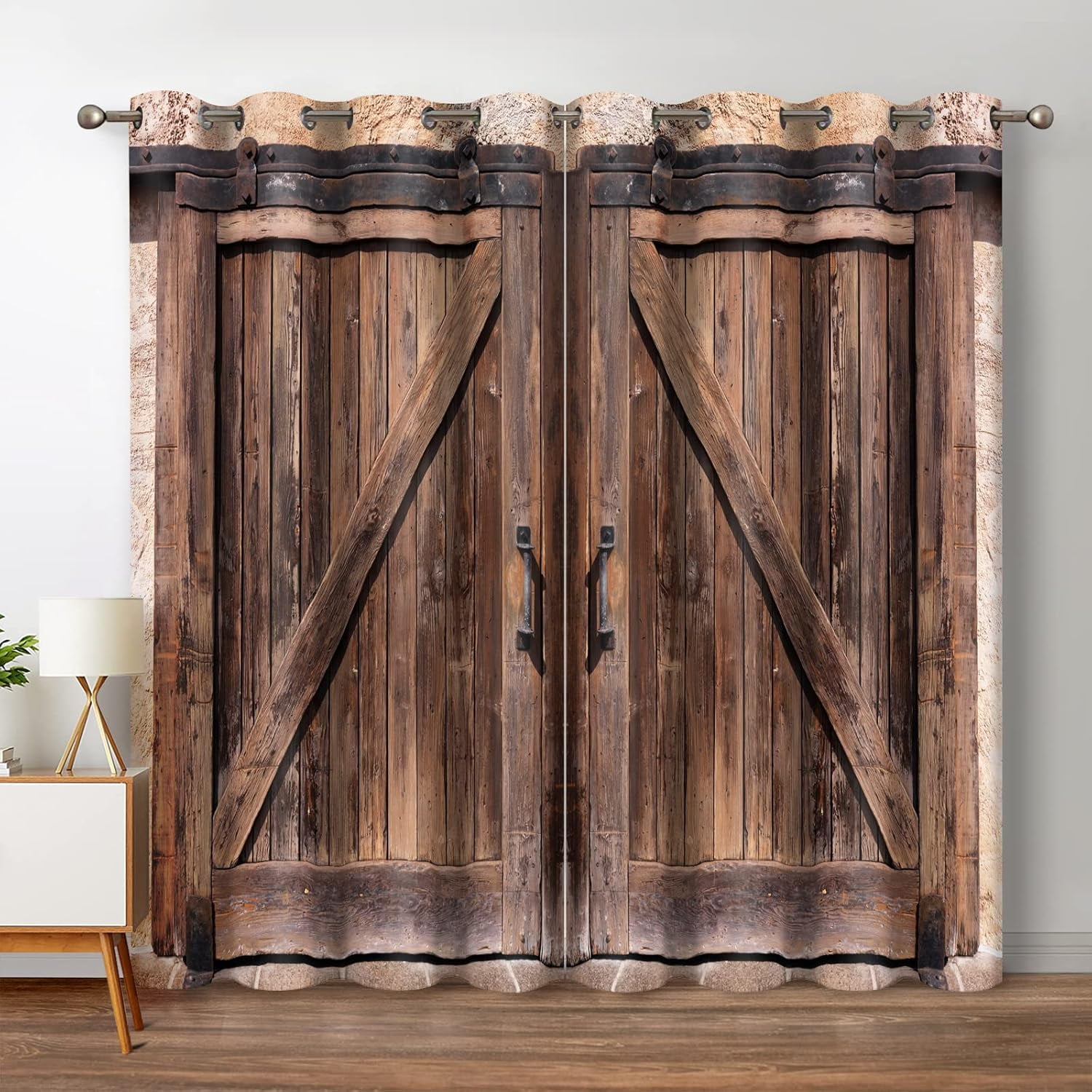 Rustic Wood Blackout Curtains Vintage Wooden Barn Door Farmhouse Home Bedroom Living Room Decor Brown Grommet Window Drapes 2 Panel Set, 42"x84"