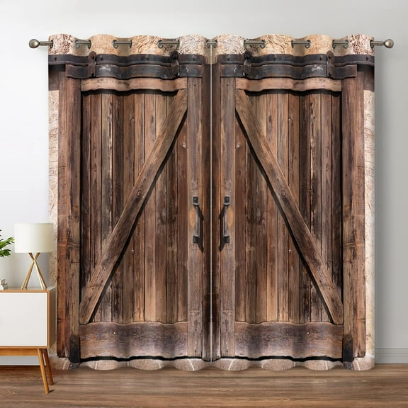 Rustic Wood Blackout Curtains Vintage Wooden Barn Door Farmhouse Home Bedroom Living Room Decor Brown Grommet Window Drapes 2 Panel Set, 52"x84"