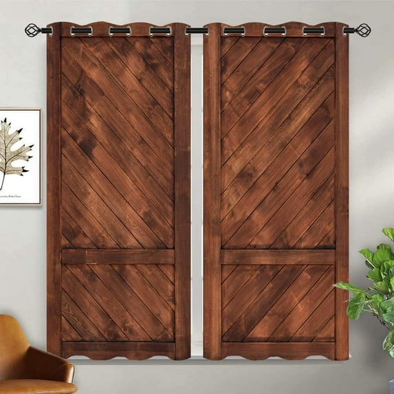 Rustic Wood Blackout Curtains Vintage Wooden Barn Door Farmhouse Home Bedroom Living Room Decor Grommet Window Drapes 2 Panels