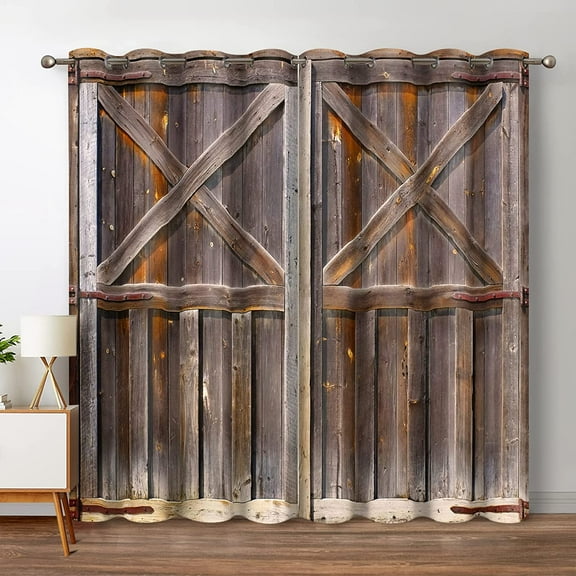 Rustic Wood Blackout Curtains Vintage Wooden Barn Door Farmhouse Home Bedroom Living Room Decor Window Drapes 2 Panels