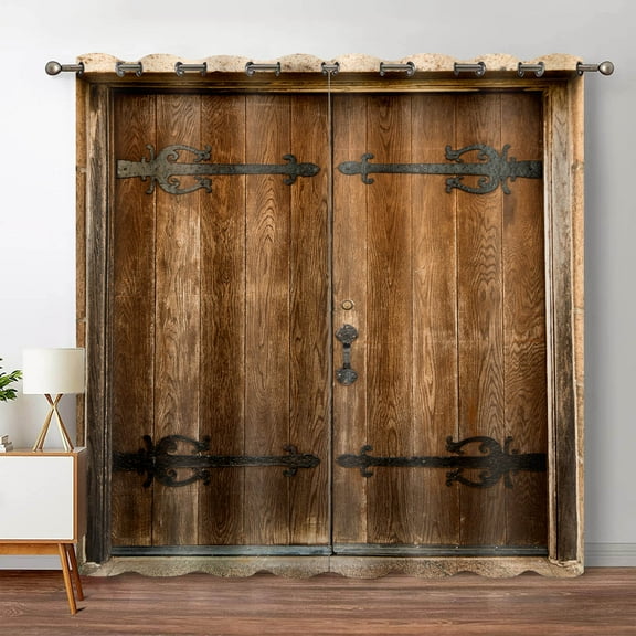 Rustic Wood Blackout Curtains Vintage Wooden Barn Door Farmhouse Home Bedroom Living Room Decor Window Drapes 2 Panels