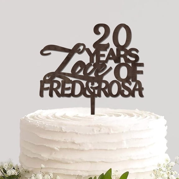 Rustic Wood Cake Topper Custom Colors Happy 20th Anniversary Double Sided Pastries Cake Insert Topper Cake Decorating Supplies for Anniversary Celebration Ceremony Party Decor
