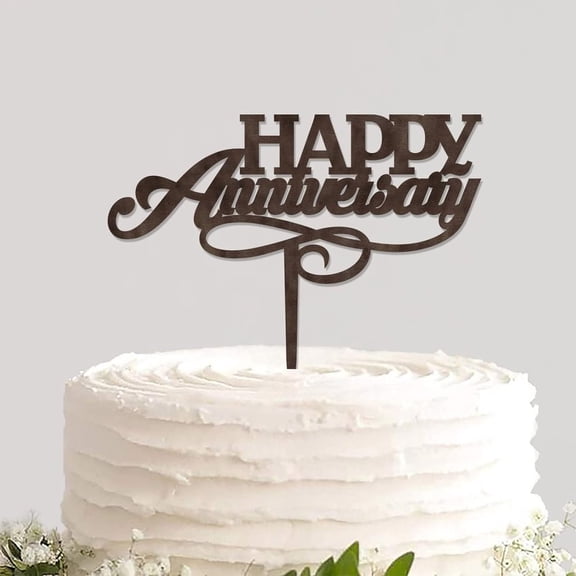 Rustic Wood Cake Topper Customized Colors Happy Anniversary Not Edible Baking Cake Insert Party Cake Ornament for Anniversary Celebration Ceremony Theme Party Decoration