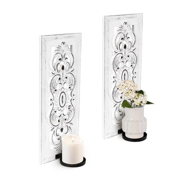 Rustic Wood Candle Sconces Set of Two White Shabby Chic Wall Decor