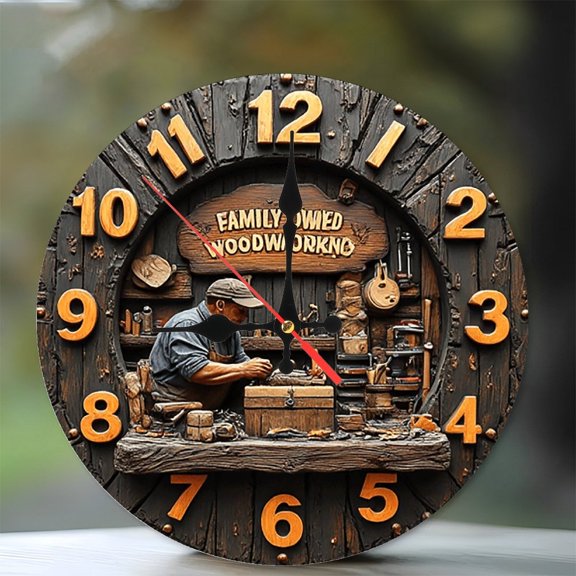 Rustic Wood Carved Workshop Clock Wall Decor 10-Inch Silent Wooden Wall Clock, Battery Operated (AA Batteries Not Included), Artistic Home Decor