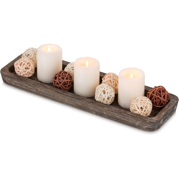 Rustic Wood Centerpiece Tray: Decorative Tealight Candle Holders Long Farmhouse Candle Plate Wooden Table Centerpiece for Dining Room Kitchen Coffee Table Rectangular Trays Home Decor