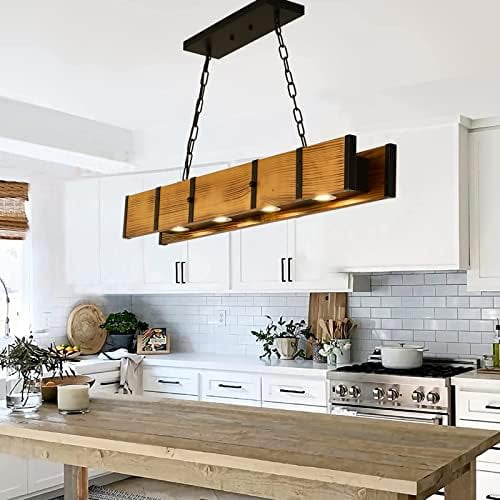 Rustic Wood Chandeliers Farmhouse Hanging Light with LED 3 Color Dimming Spotlight, Pendant Lights Kitchen Island Rectangle Farmhouse Linear Chandeliers for Dining Room$$Tools & Hardware Other