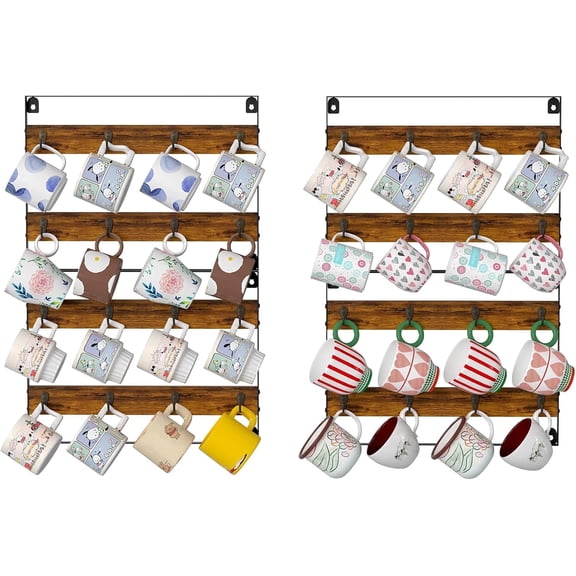 Huxidaja Coffee Mug Rack Wall Mount, Rustic Wood & Metal Cup Holder Shelf, Space-Saving Kitchen Organizer, 4-Pack Holds 32 Mugs