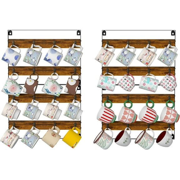 Rustic Wood Coffee Mug Rack - Wall Mount Cup Holder Shelf Storage for Kitchen, Home, Bar, Office (4 Pack, Holds 32 Mugs)