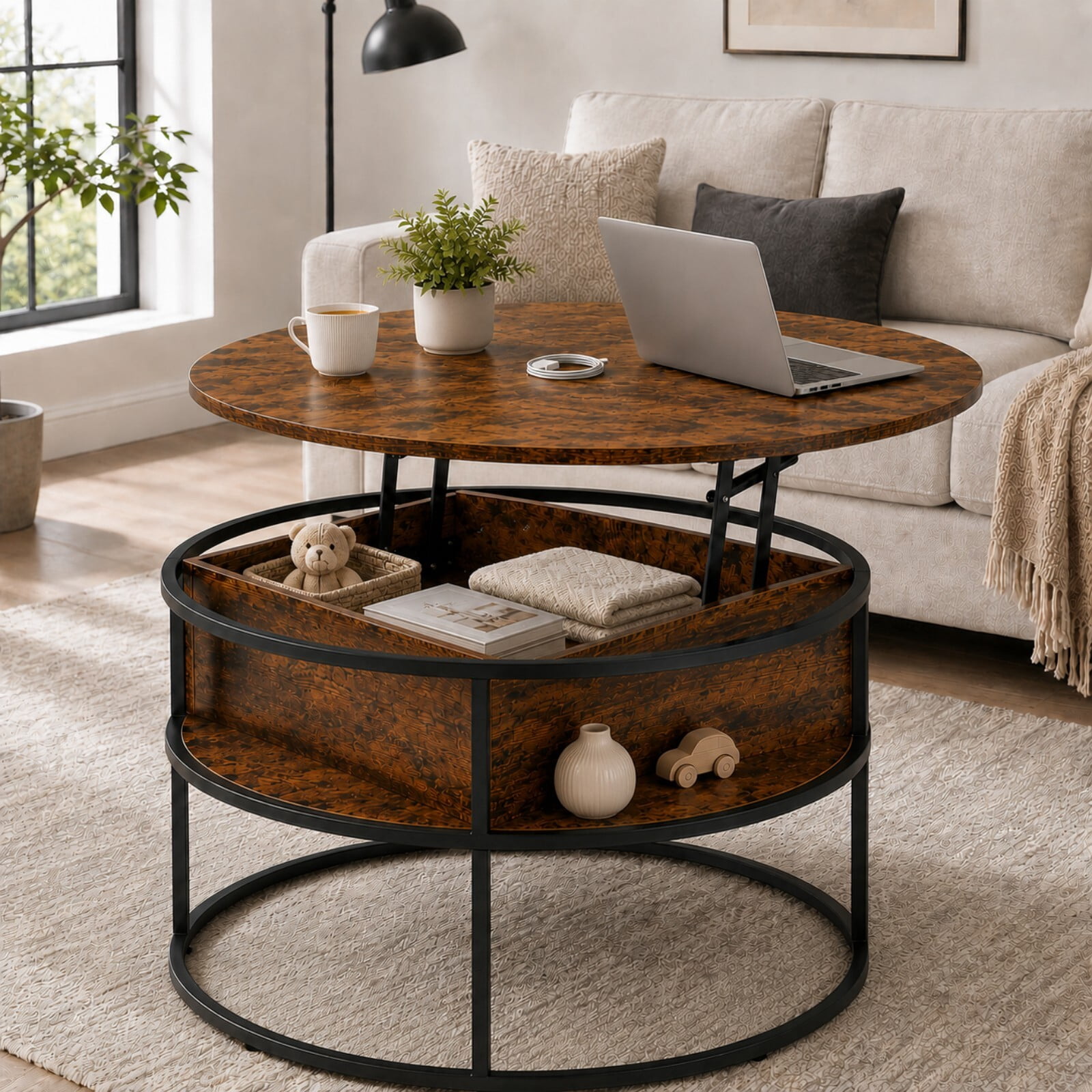 Cenovo Round Lift-Top Coffee Table with Hidden Storage and Open Shelf Modern Farmhouse Center Table for Living Room,Burnt Walnut