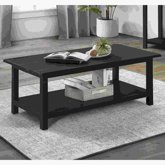 Rustic Wood Coffee Table with Shelf, Distressed Java Finish, 47.25 Inch Rectangular Living Room Table