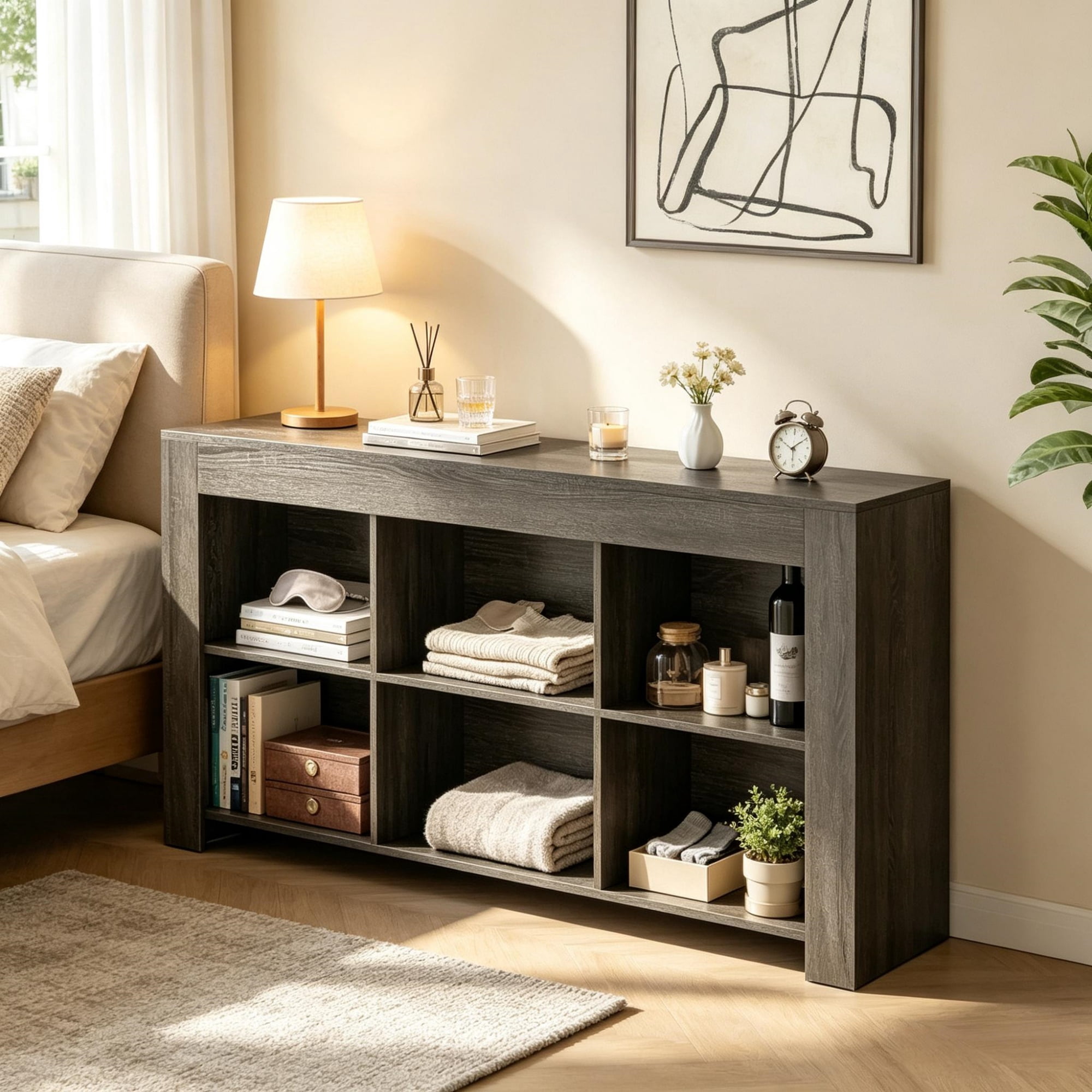 Rustic Wood Console Table with 6 Storage Cubes, 66.93 in L