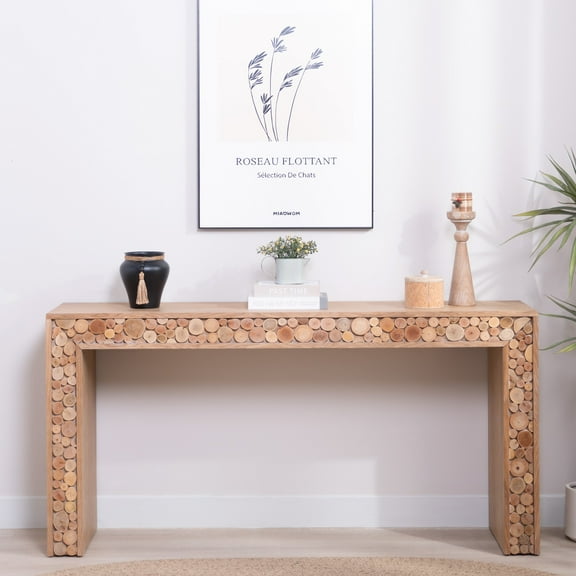 Rustic Wood Console Table with Natural Log Accents, 62" Entryway Table, Narrow Sofa Table, Hallway Accent Table, Modern Farmhouse Style (Natural)