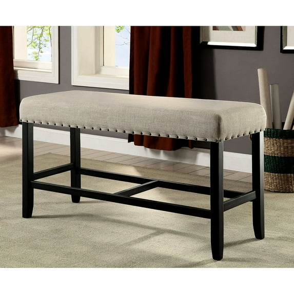 Rustic Wood Counter Height Bench With Beige Upholstered Seat And Bold Trim Details Dining Finish