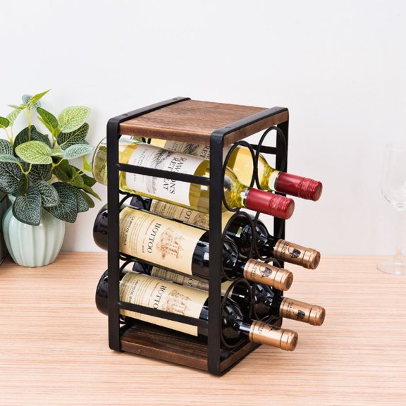Rustic Wood Countertop Wine Rack 6 Bottles No Need Assembly Brown